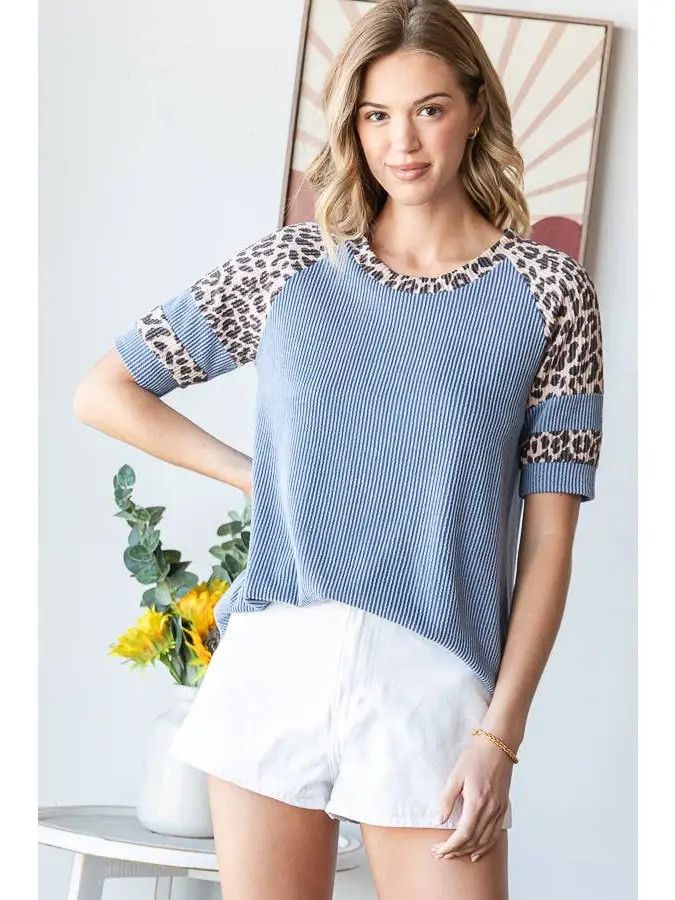 Rib Animal Print Contrast Top