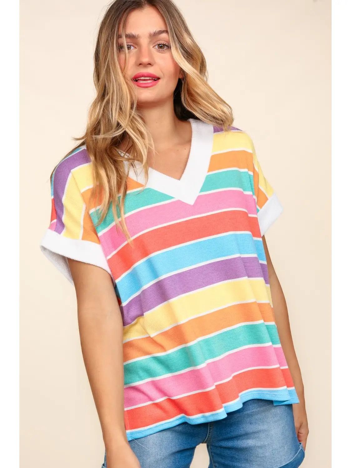Plus Drop Shoulder Multi Color Stripe Thermal Knit