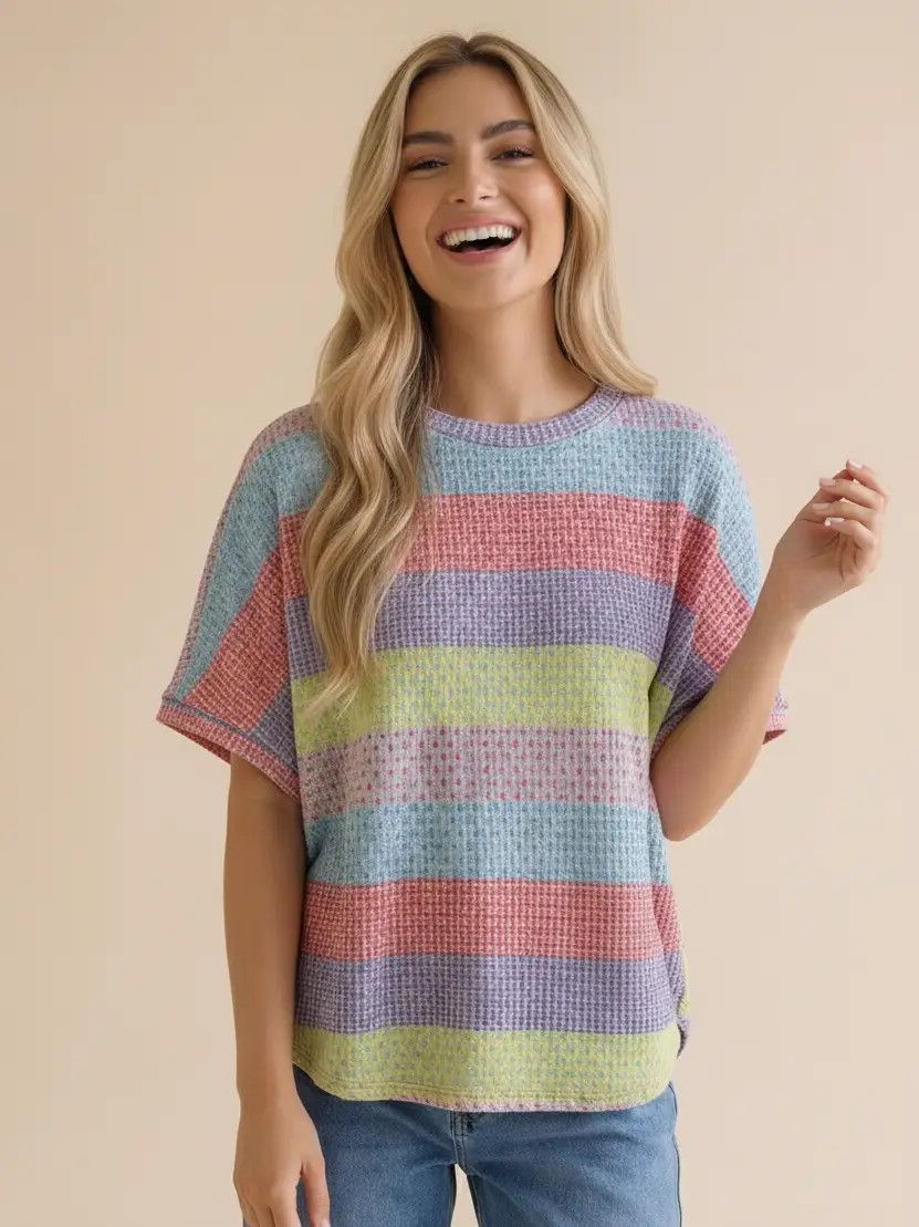 Round Neck Multicolor Stripe Textured Top