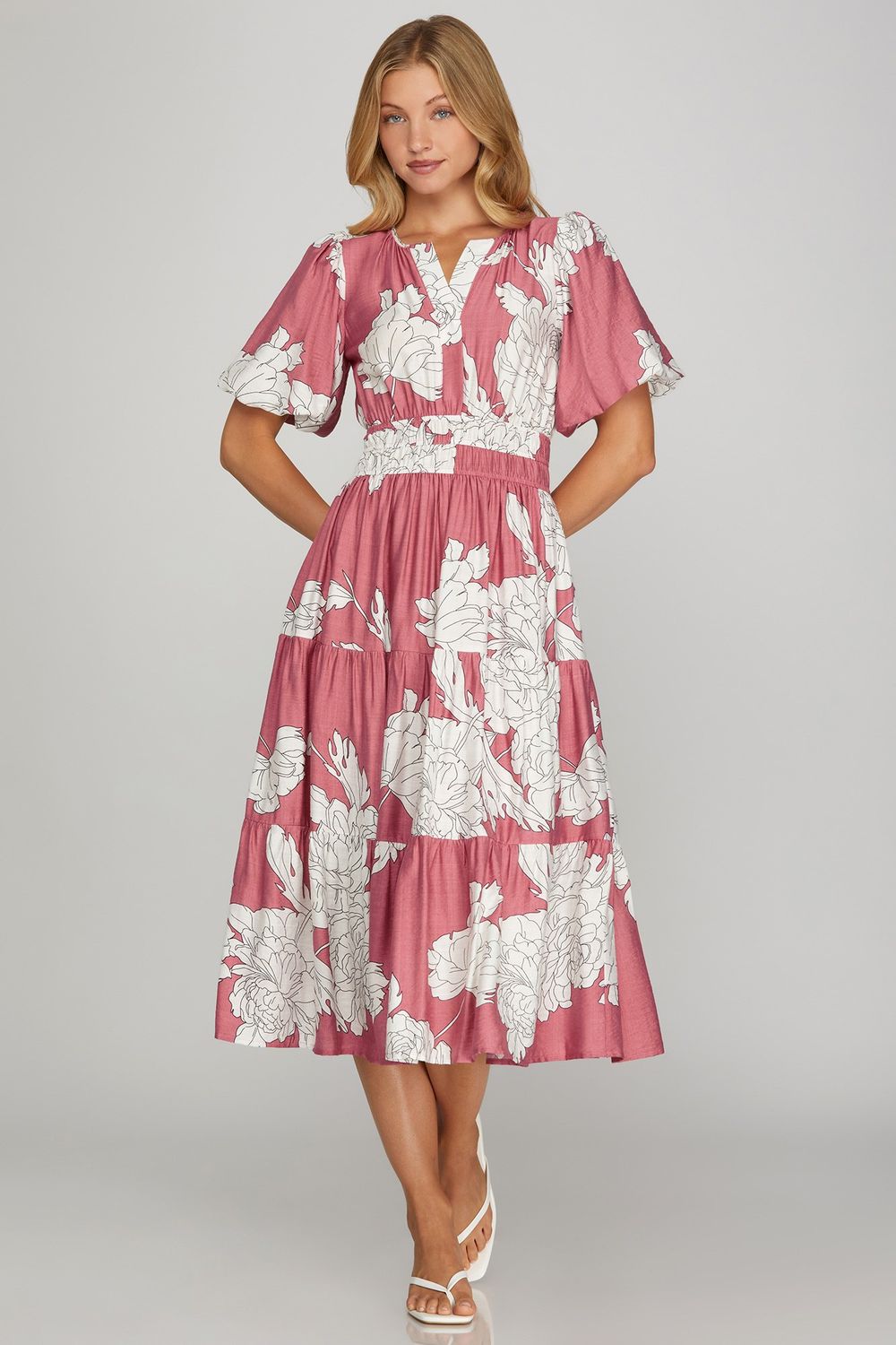 V-Neck Tiered Midi Dress