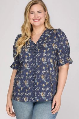 Plus Ruffled Neck Printed Top