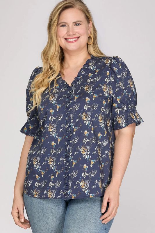 Plus Ruffled Neck Printed Top