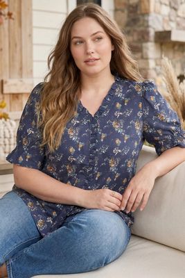 Plus Ruffled Neck Printed Top