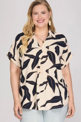 Plus Collared Printed Top