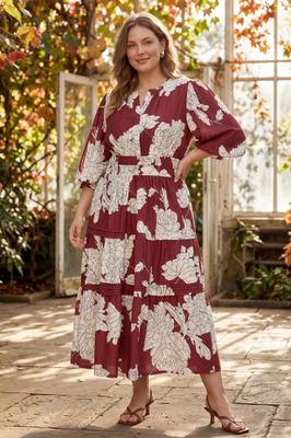 Plus 3/4 Sleeve Floral Midi Dress