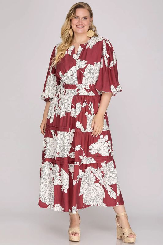 Plus 3/4 Sleeve Floral Midi Dress