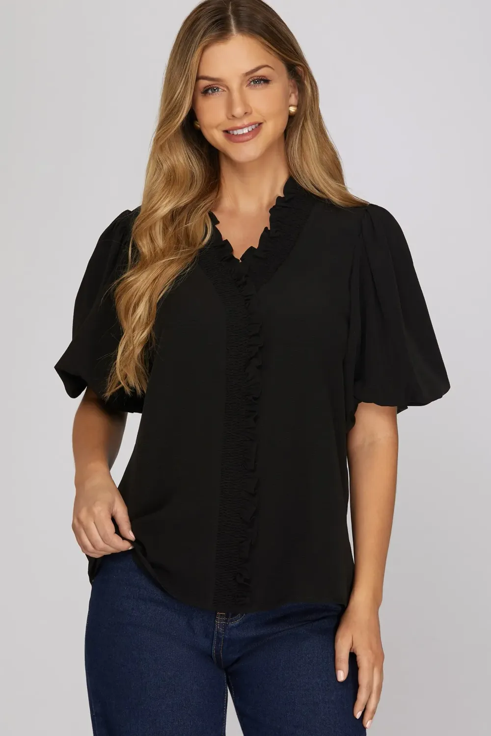 Smocked Neck Top, Color: Black, Size: S