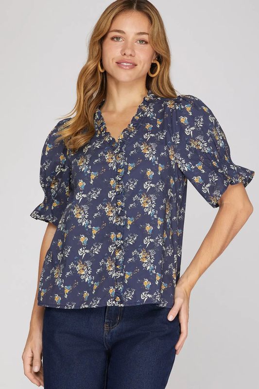 Ruffled Neck Printed Top
