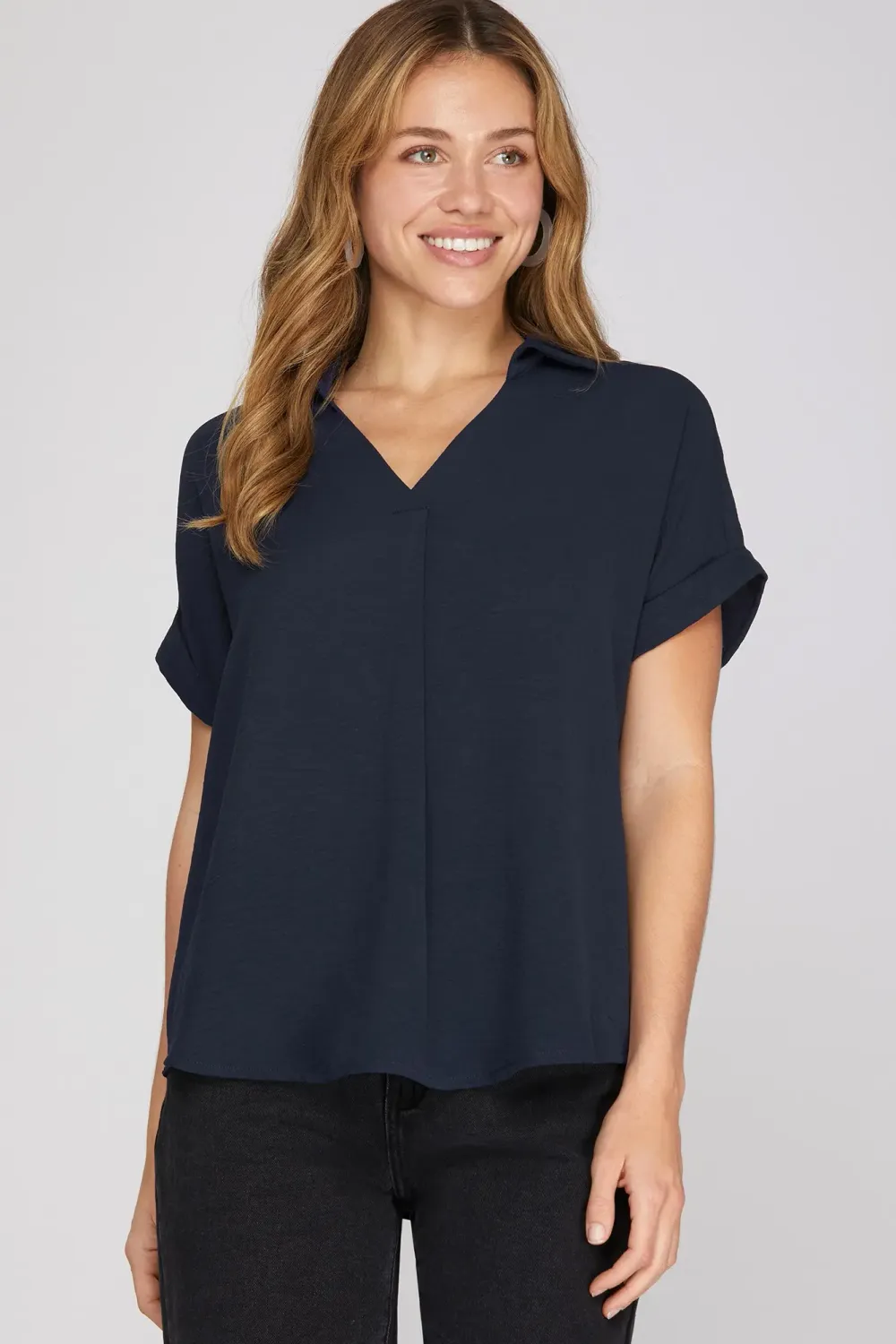 Collared Woven Top, Color: Navy, Size: S