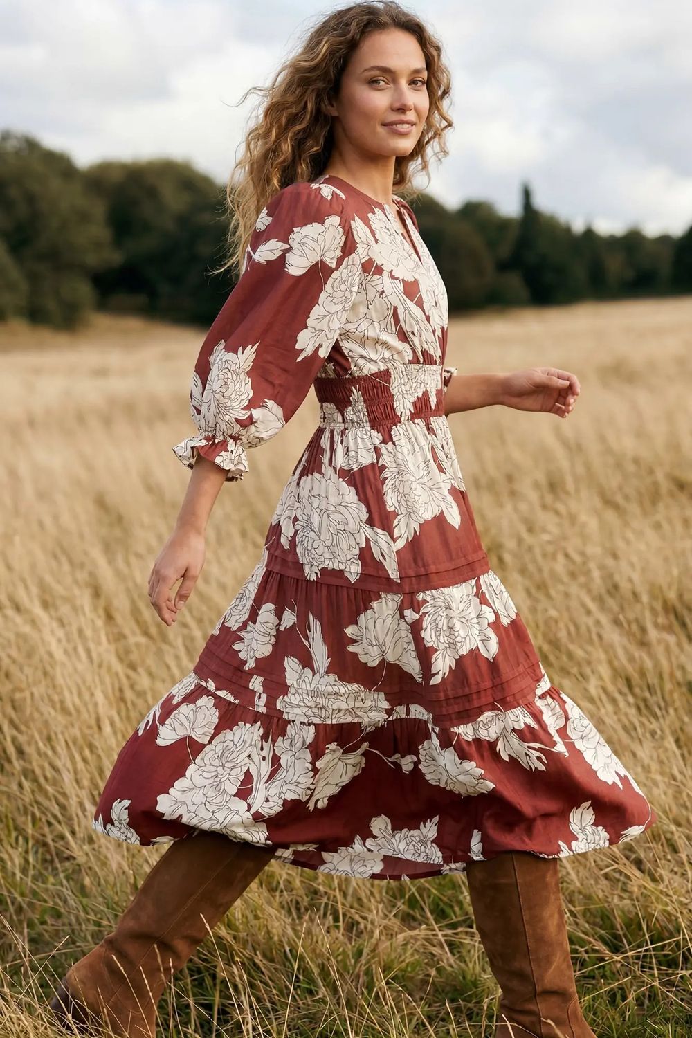 3/4 Sleeve Floral Midi Dress
