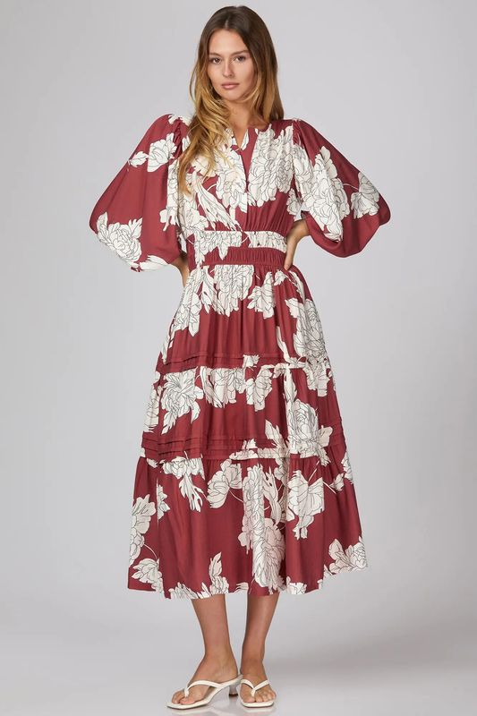 3/4 Sleeve Floral Midi Dress