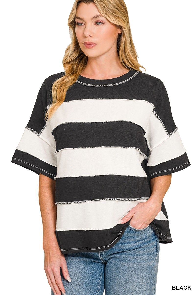 French Terry Striped Exposed Seam Top
