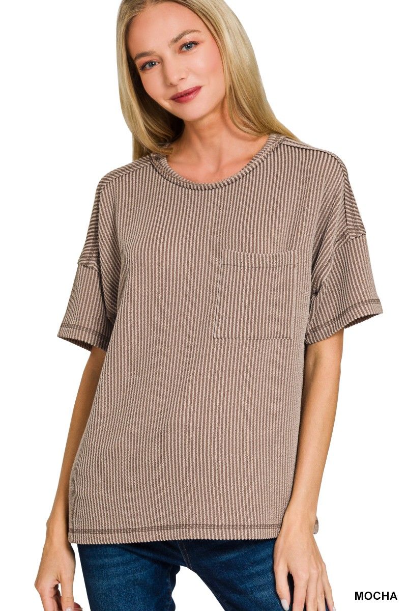 Raised Rib Exposed Seam Short Sleeve Top