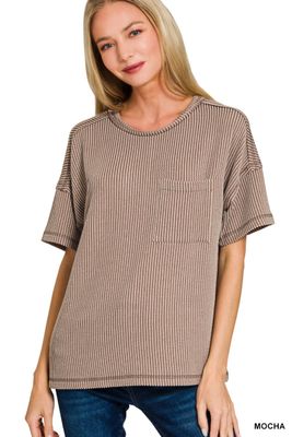 Raised Rib Exposed Seam Short Sleeve Top