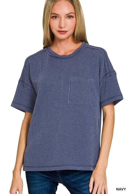 Raised Rib Exposed Seam Short Sleeve Top