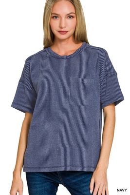 Raised Rib Exposed Seam Short Sleeve Top
