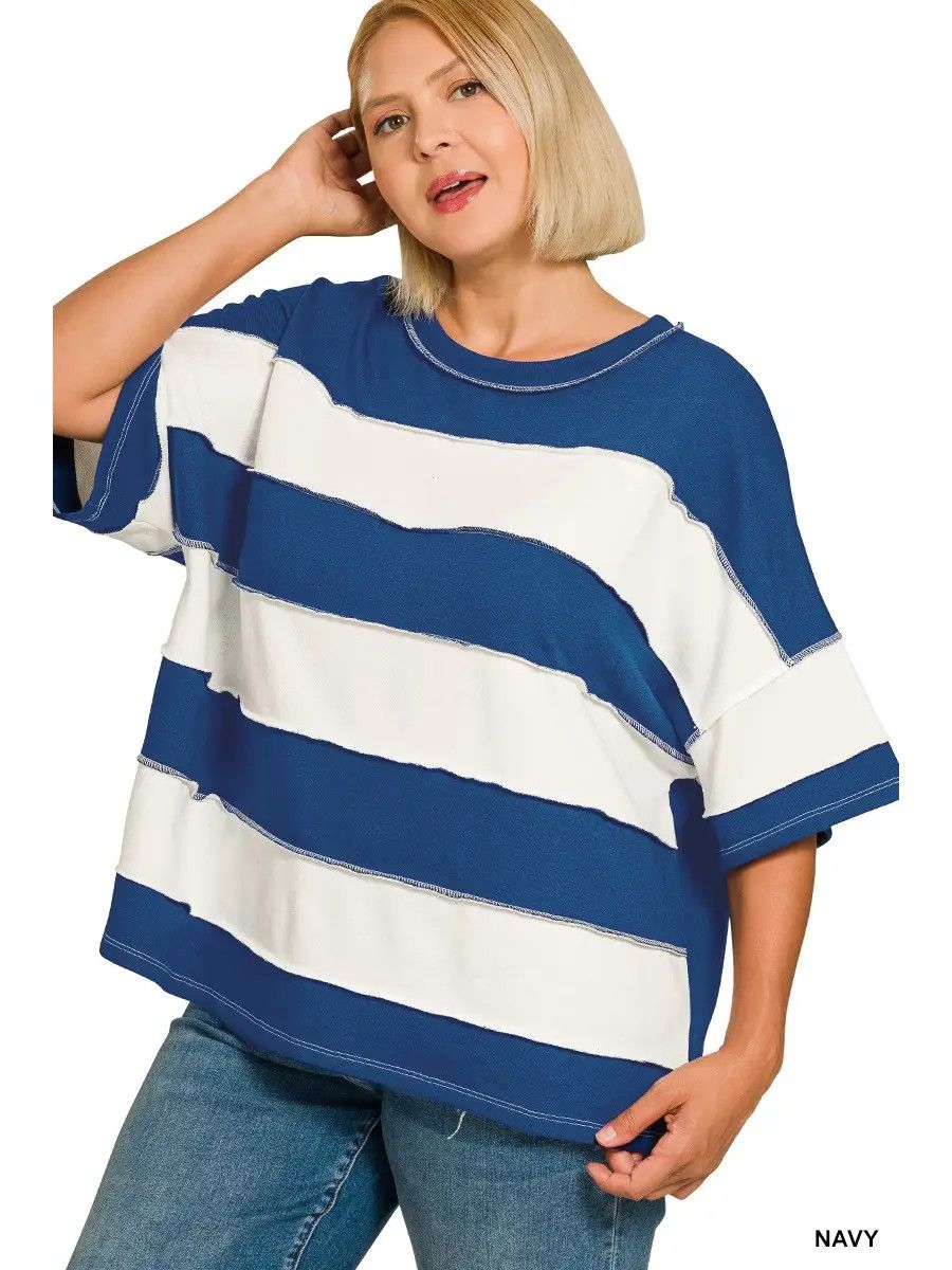 Plus French Terry Striped Exposed Seam Top