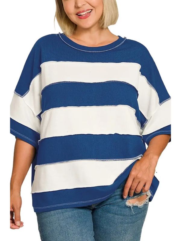 Plus French Terry Striped Exposed Seam Top