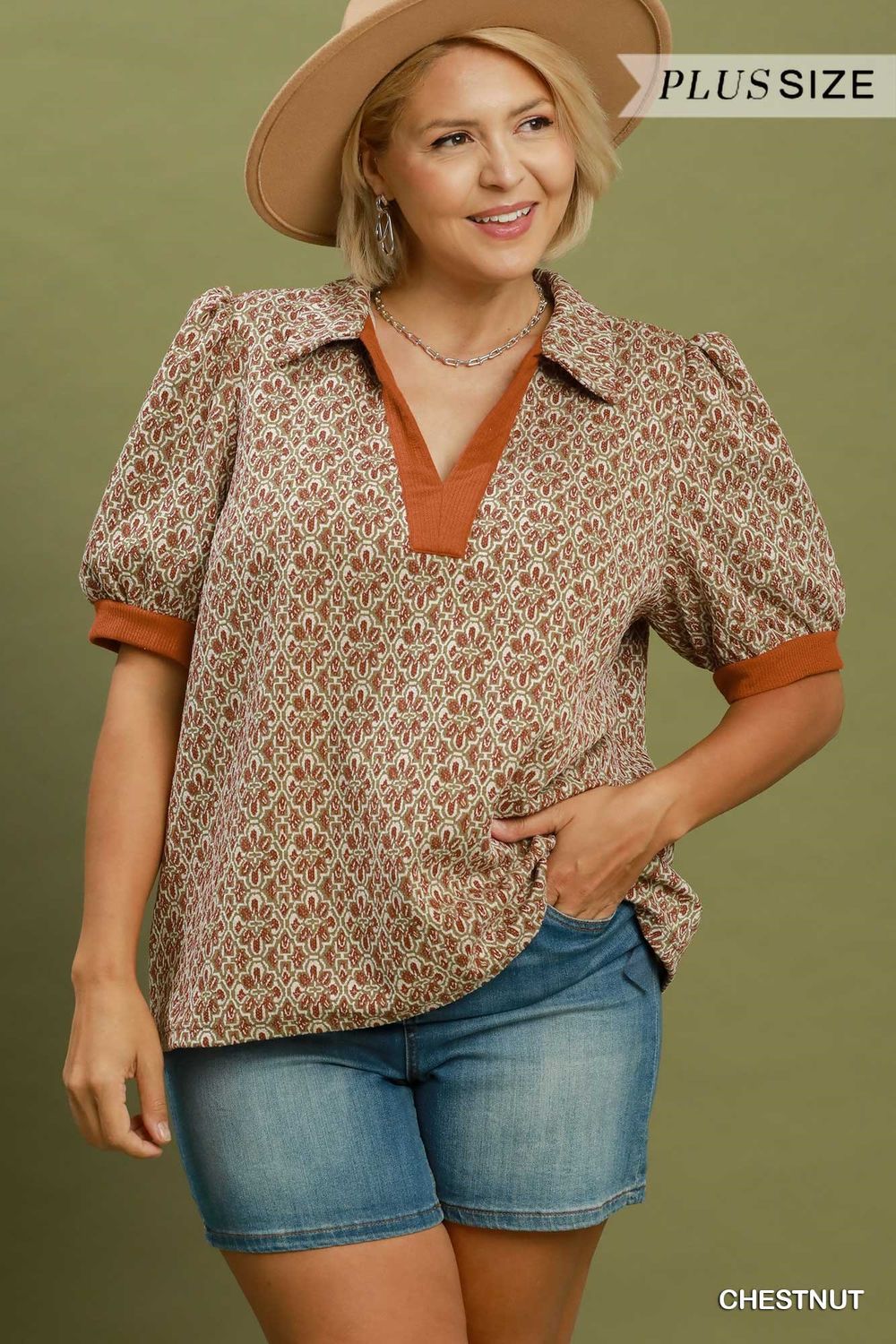 Plus Collared Puff Sleeve Top