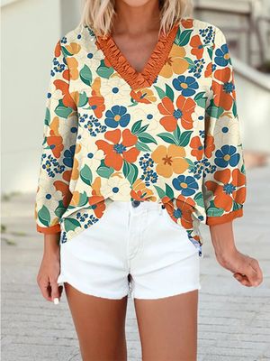 V-Neck Floral Print Blouse