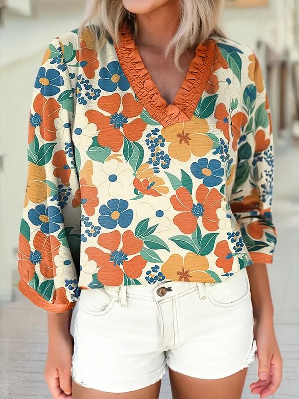 V-Neck Floral Print Blouse