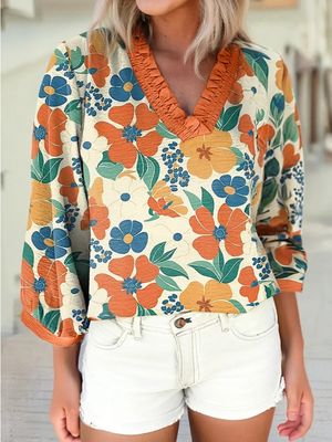 V-Neck Floral Print Blouse