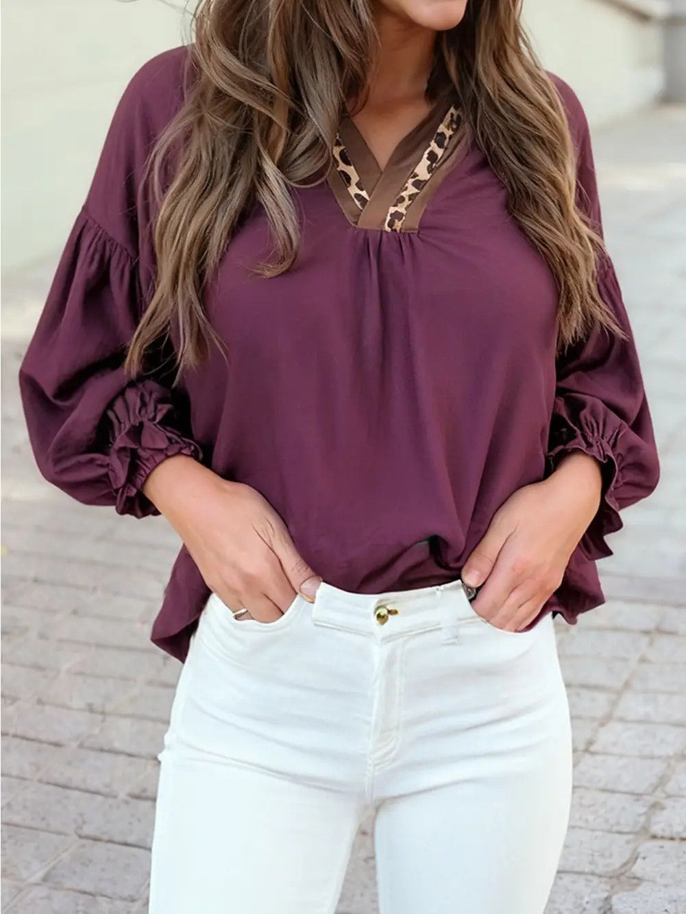 Leopard Trim Notched Neck Flounced Bracelet Sleeve Blouse