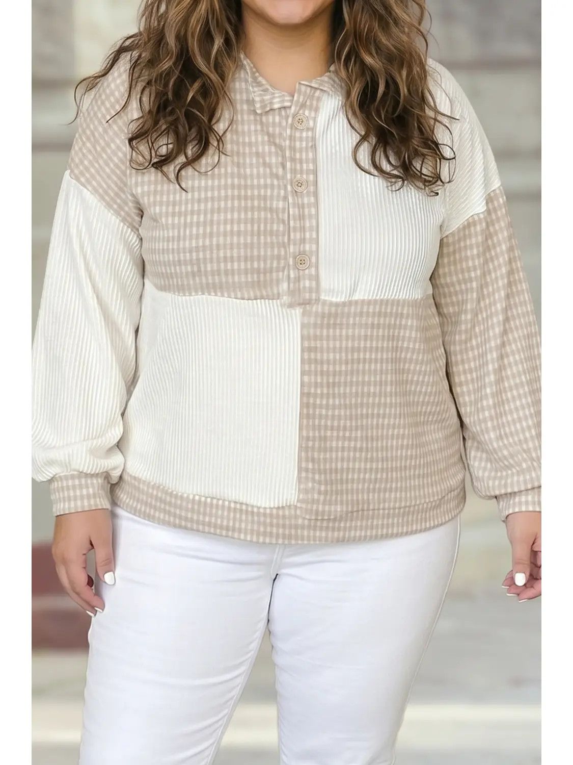 Plus Patchwork Checkered Blouse