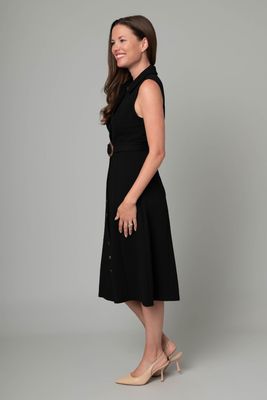 Self Sash Button Front Pebble Crepe Shirt Dress