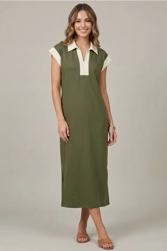 Midi Dress with Pockets, Color: Olive, Size: L