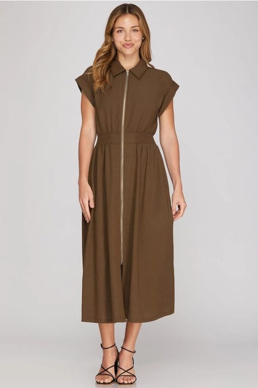 Collared Zip Up Midi Dress