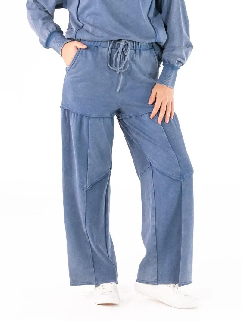 Mineral Washed Wide Leg Pant, Color: Blue, Size: XS