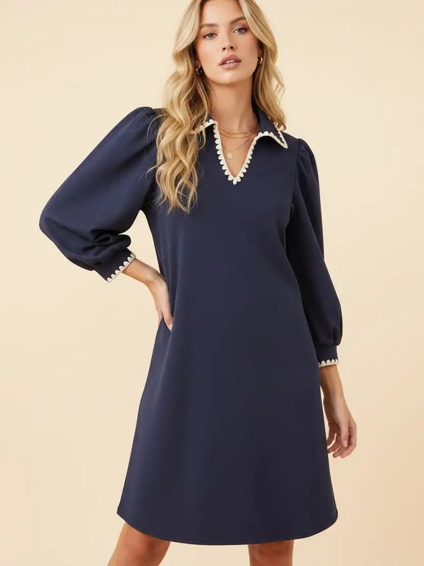 Scallop Trim Puff Sleeve Mini Shift Dress
