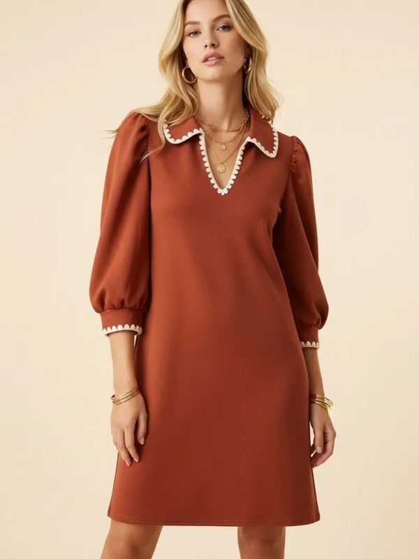 Scallop Trim Puff Sleeve Mini Shift Dress