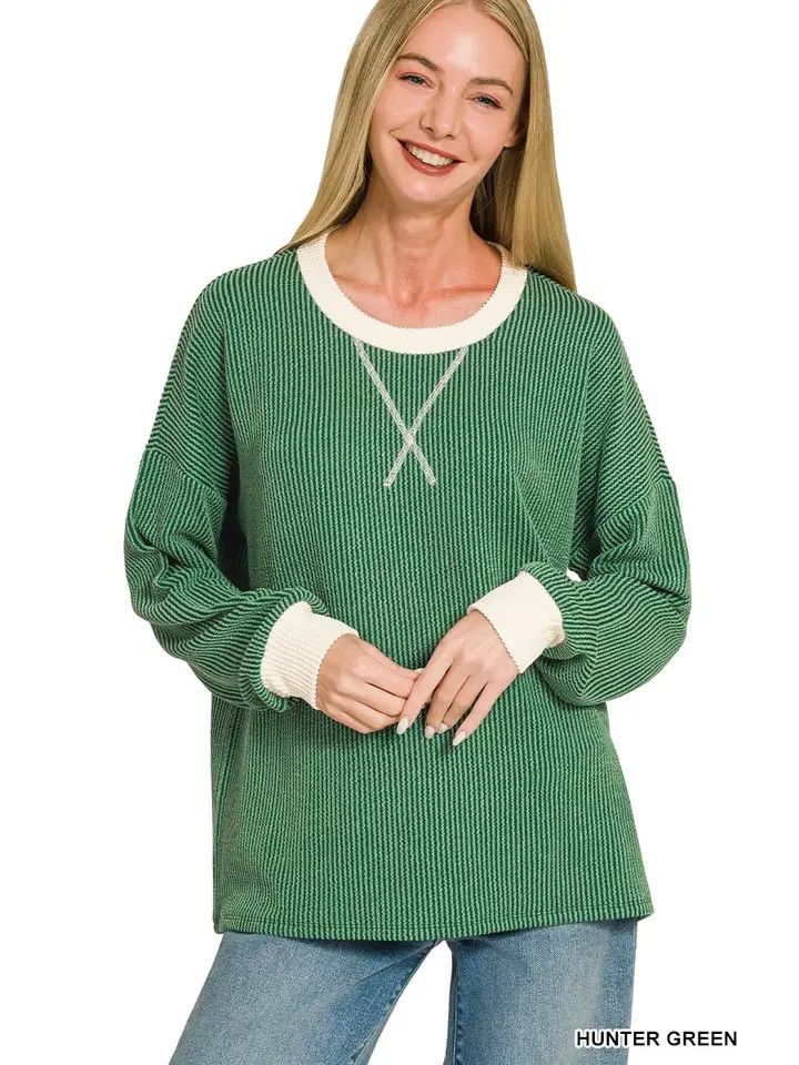 Raised Rib Round Neck Pullover