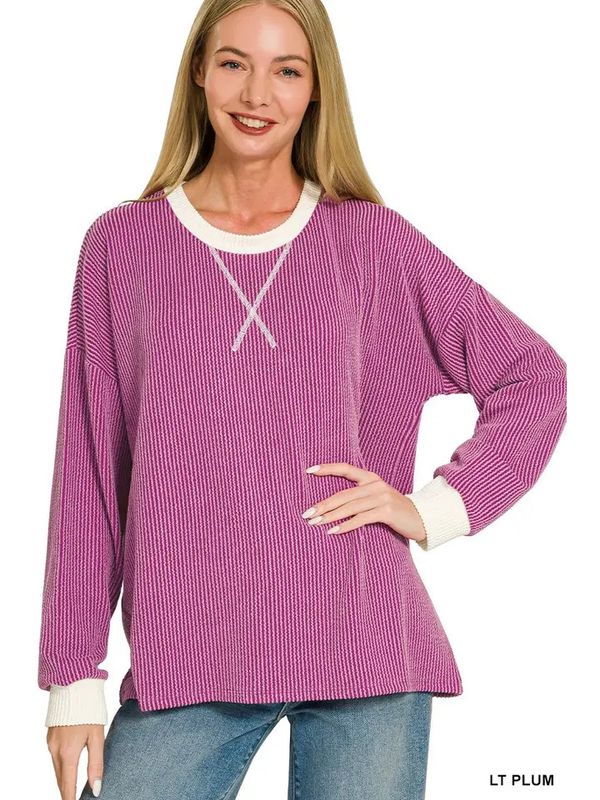 Raised Rib Round Neck Pullover