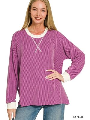 Raised Rib Round Neck Pullover