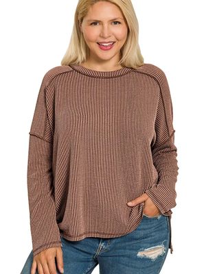 Plus Raised Rib Raw Edge Long Sleeve Top