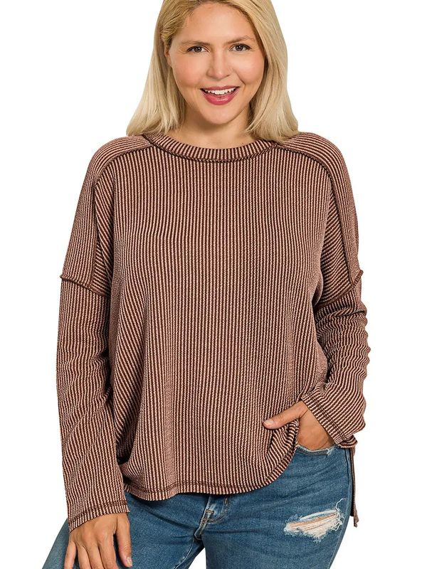 Plus Raised Rib Raw Edge Long Sleeve Top