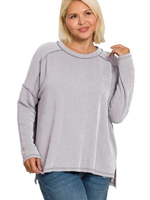 Plus Raised Rib Raw Edge Long Sleeve Top