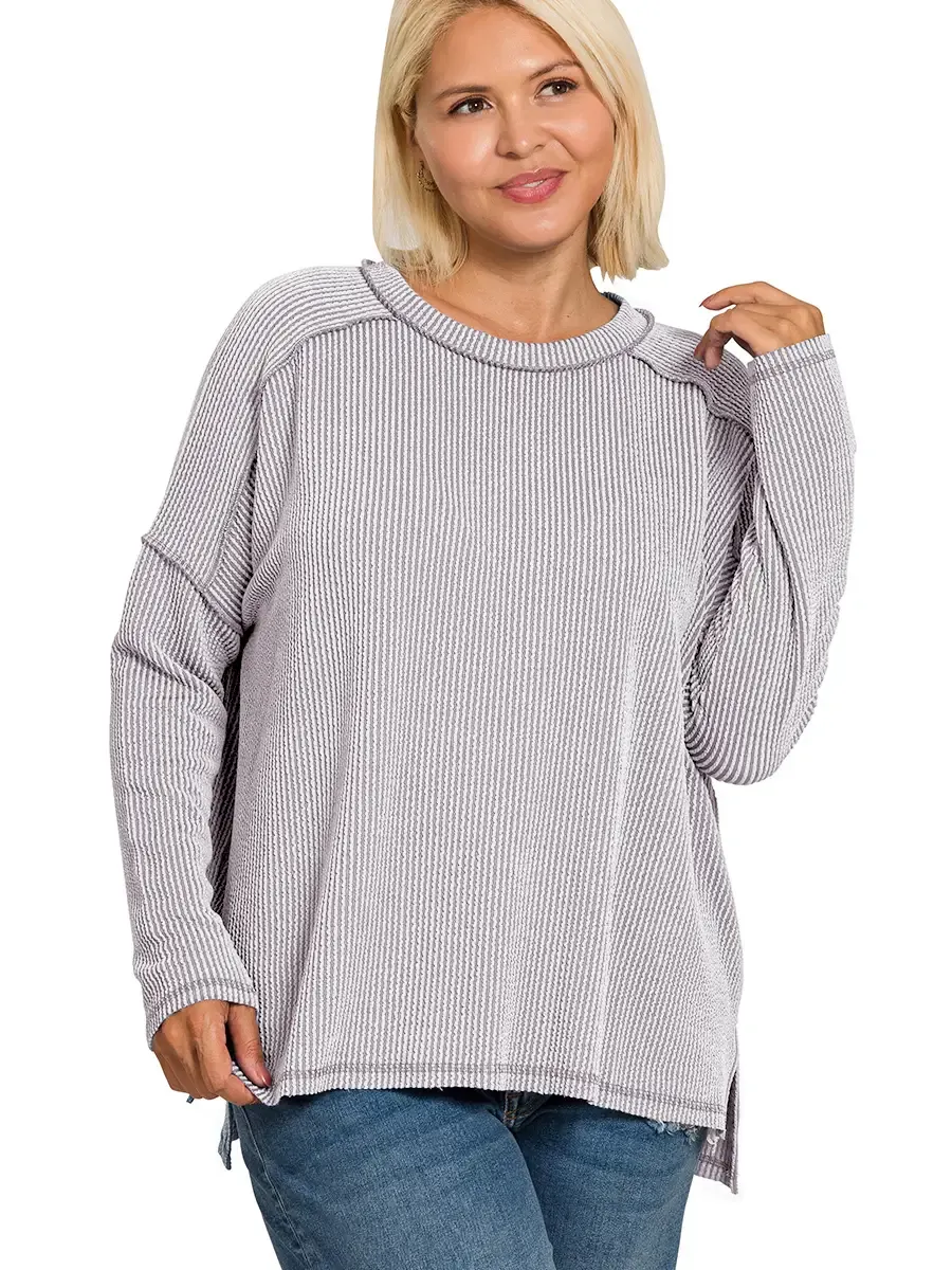 Plus Raised Rib Raw Edge Long Sleeve Top, Color: Light Grey, Size: 1X