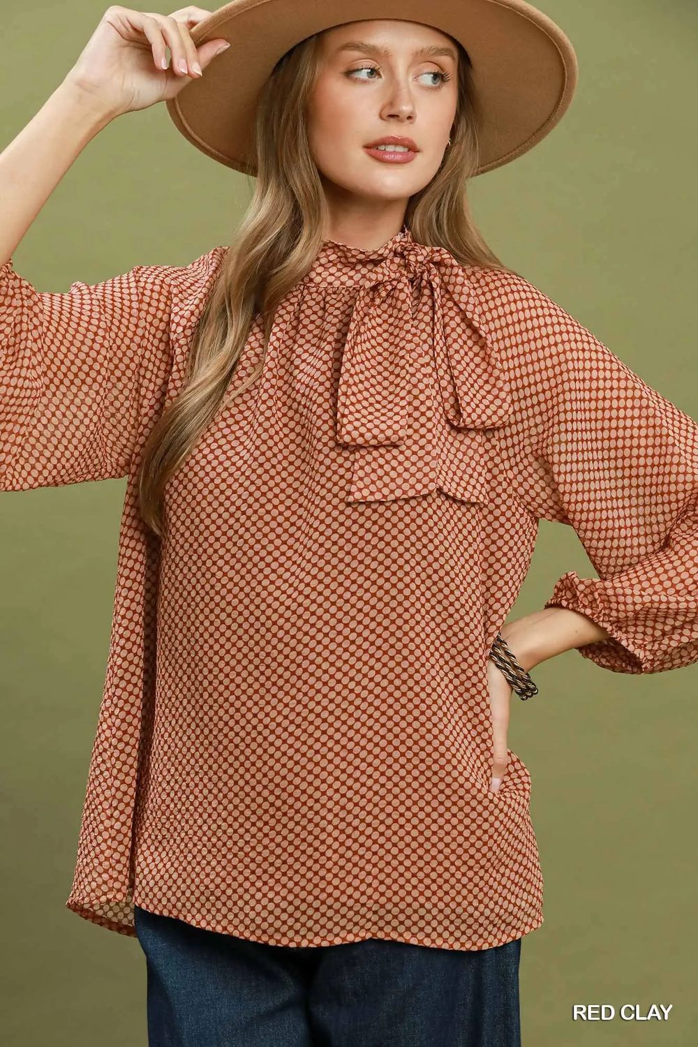 Dot Print Tie Neck Blouse