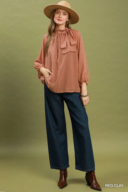 Dot Print Tie Neck Blouse
