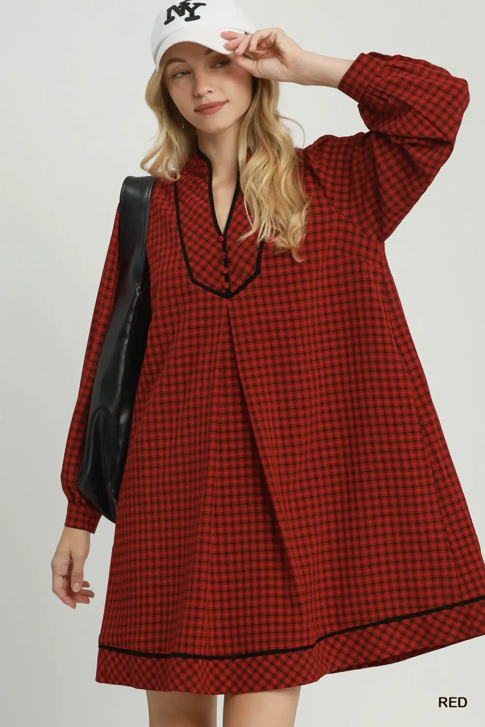 Plaid Long Sleeve Shift Dress, Color: Red, Size: S