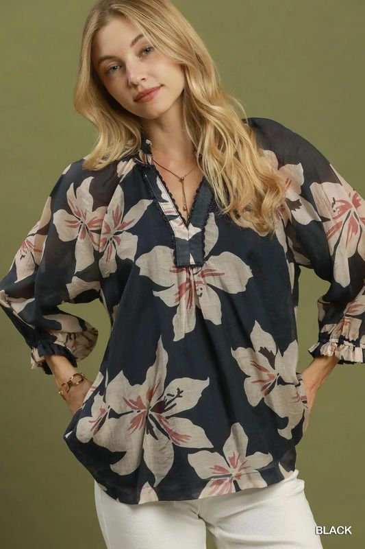 Floral Print Split Neck Top