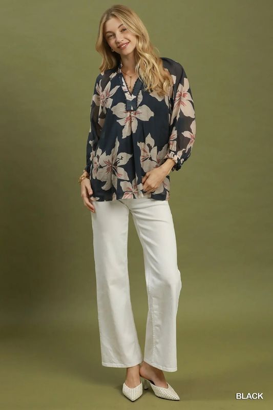 Floral Print Split Neck Top
