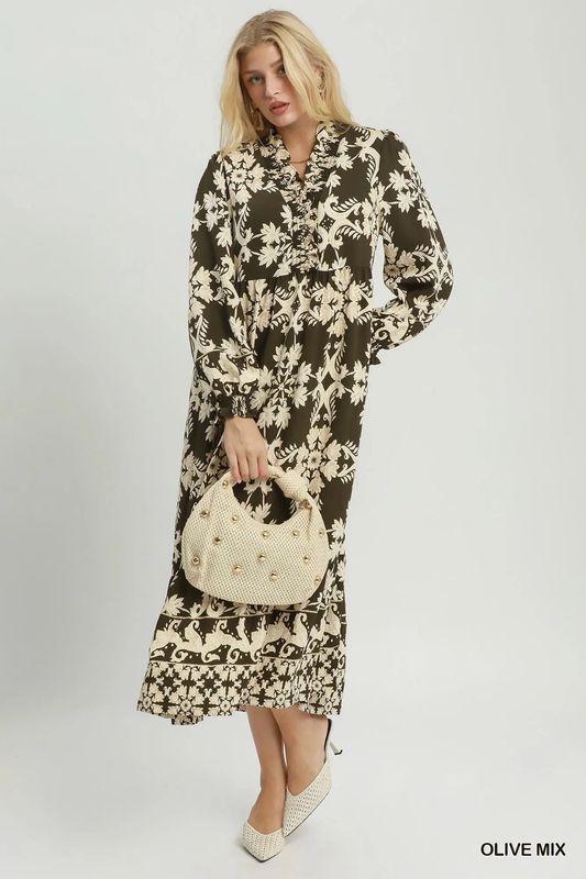 Mix Border Print Ruffle Maxi Dress