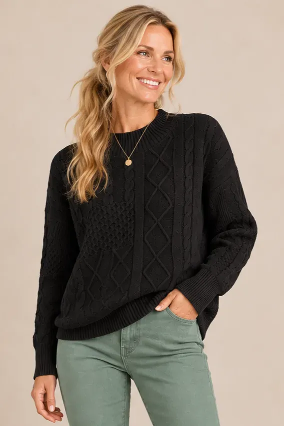 Mock Neck Cable Knit Pullover Sweater, Color: Black, Size: S