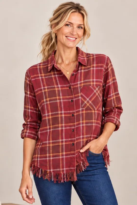 Plaid Button Down Flannel with Frayed Hem