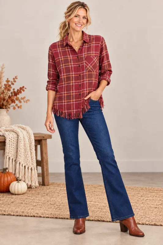 Plaid Button Down Flannel with Frayed Hem